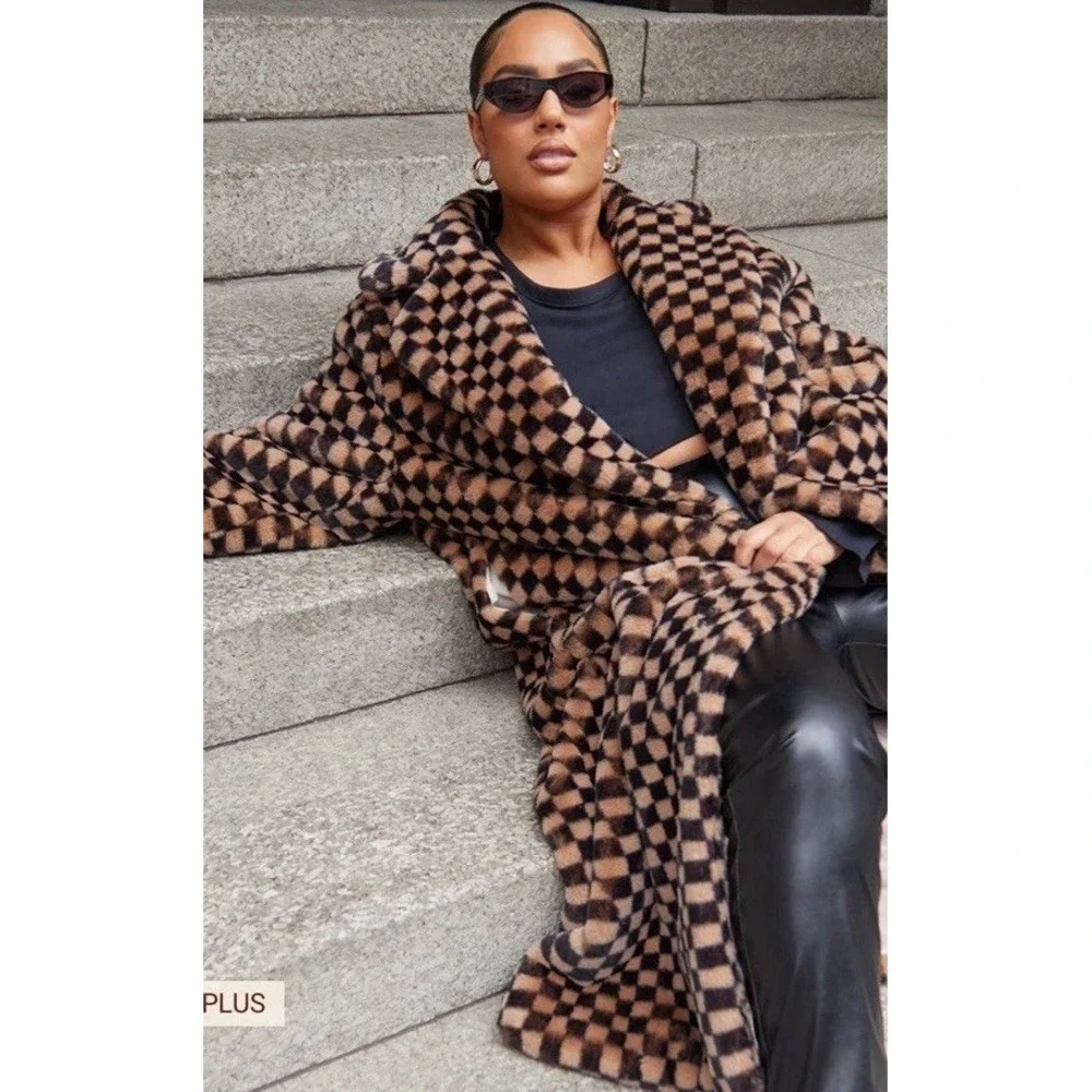 Pretty Little‎ Thing Brown STONE Checked Faux Fur Coat Women's Size 18